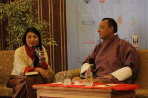 USHA Mountain Echoes 2013  last day - from the left  Namgay Zam in conversation with Lyonpo Om Pradhan