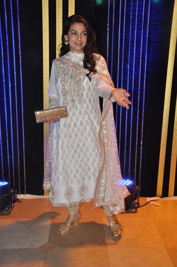 Juhi Chawla - Gold and Cream suit by Anita Dongre
