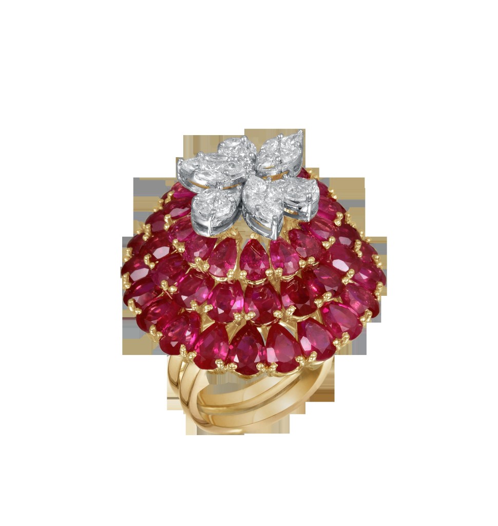 Gold ring studded with rubies and fancy shaped diamonds