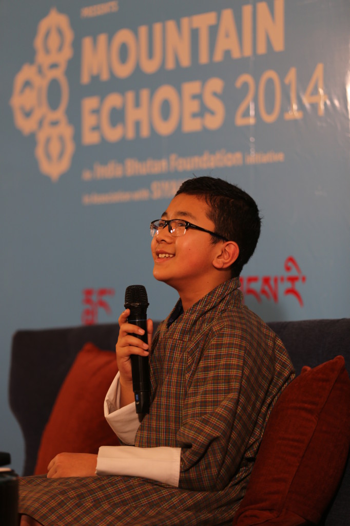 Ten year old blogger Singye Namgyel sharing his love for writing at USHA presents Mountain Echoes 2014