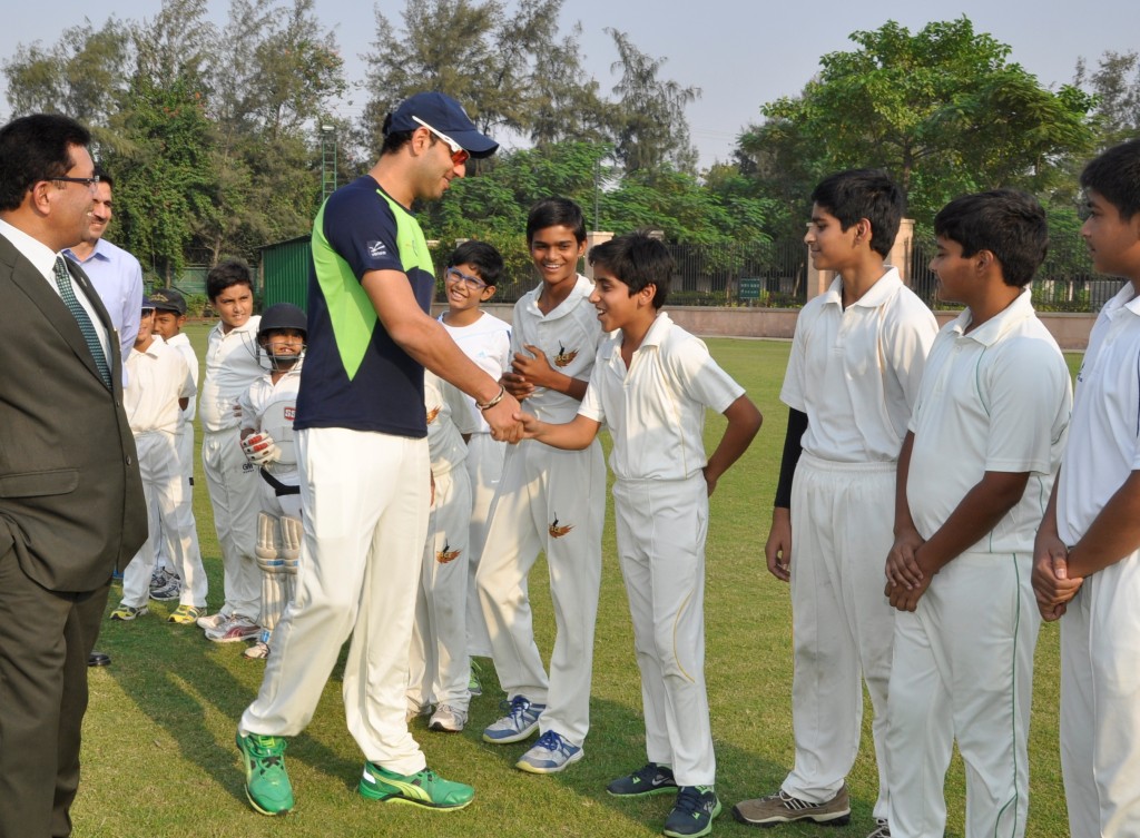 Crickter Yuvraj Singh interacting with the children at Atlantis-The Club  Jaypee Integrated Sports Complex  Greater N_