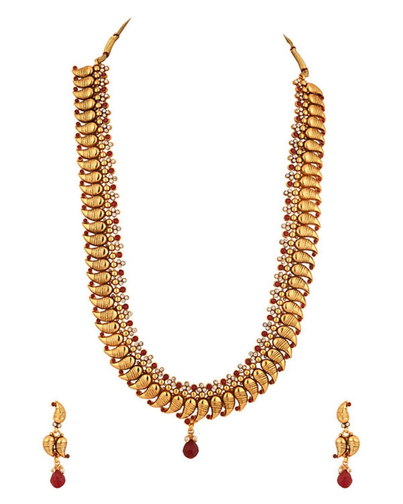 Gold Plated Long Coin Necklace Set With Red Stones  Rs 2 110