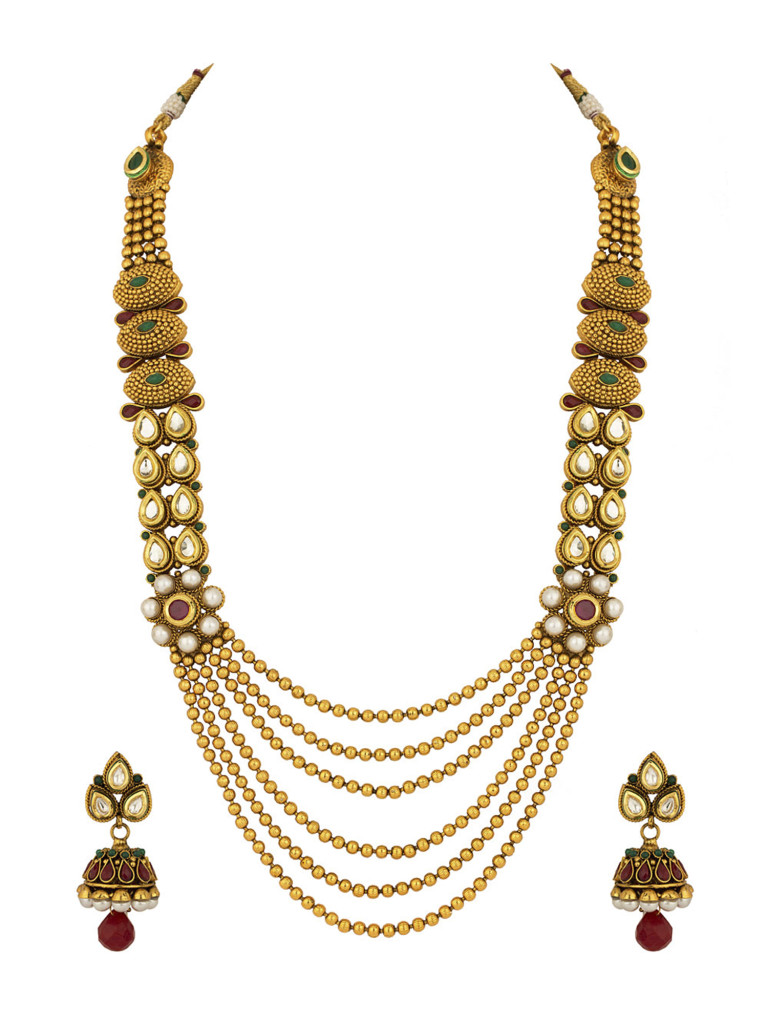 Necklace Set with Beaded Strands  Kundan Work  Red  Green Stones  Jhumkis  Rs 2 990