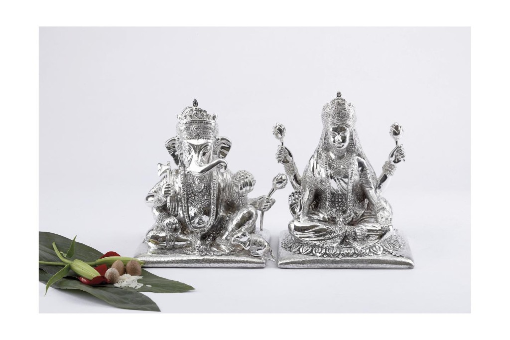 Solid Silver Laxmiji-Ganeshji 7.25 inch