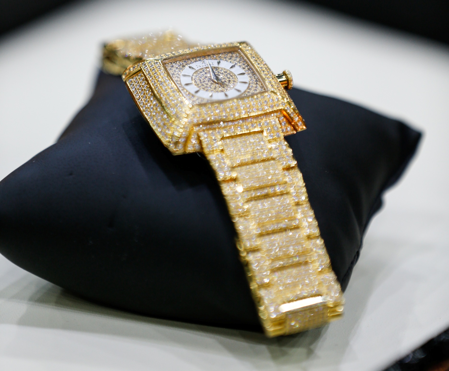 A dazzling Swiss made watch from Al Daham with sparkling diamonds retails for AED 43,000.  