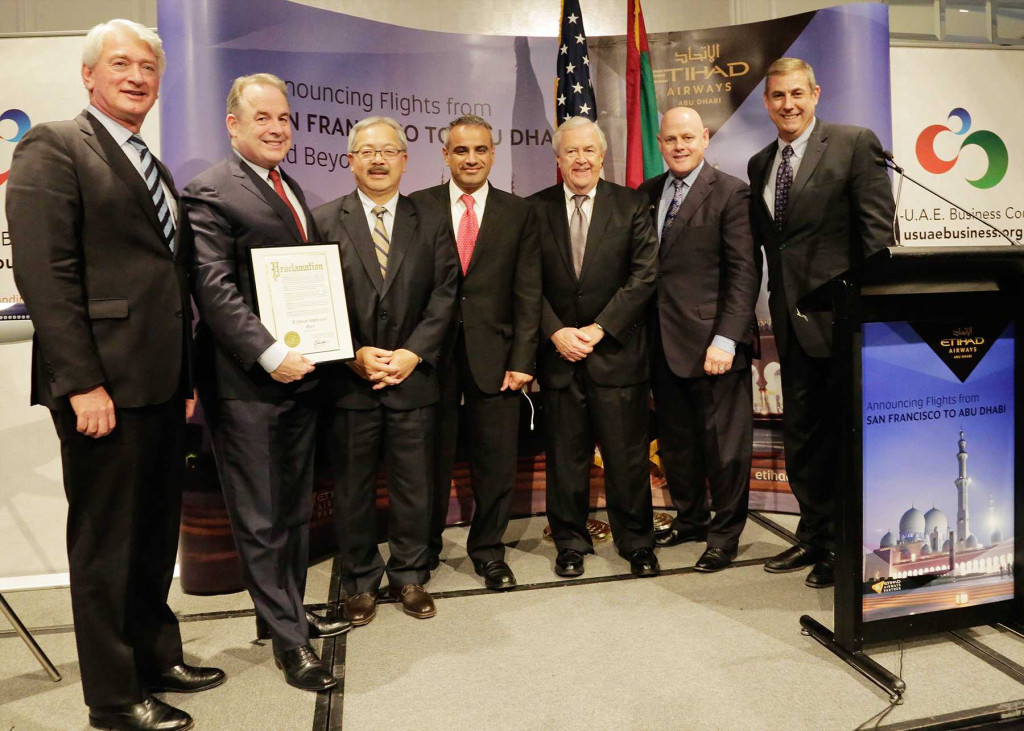 (left to right): Geert Boven, Senior Vice President – The Americas, Etihad Airways; President and  Chief Executive Officer of Etihad Airways, James Hogan; San Francisco Mayor Ed Lee; UAE Consul General in Los Angeles, His Excellency Abdulla Alsaboosi; San Francisco Center for Economic Development’s Executive Director, Dennis Conaghan; San Francisco Chamber of Commerce President and Chief Executive Officer, Bob Linscheid; and US-UAE Business Council President, Danny Sebright at US-UAE Business Council Luncheon.  