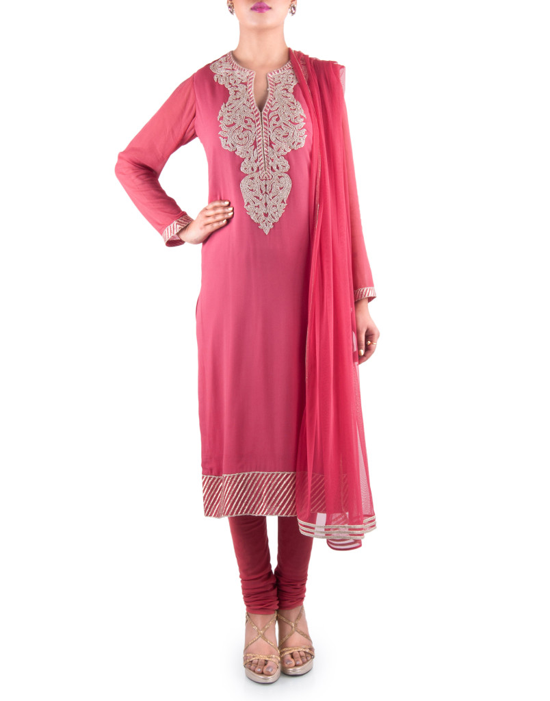 Gotta Embellished Straight Suit in Coral_INR 6299