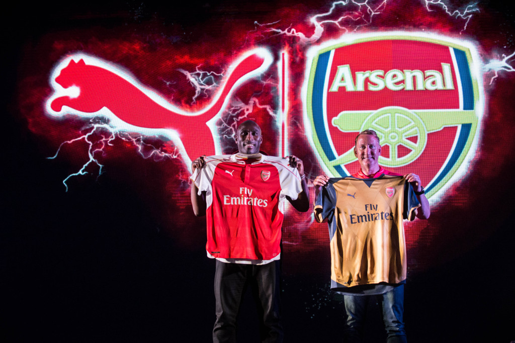 Arsenal legends Ray Parlour and Sol Campbell unveil the new PUMA Arsenal kits in India for the 2015-2016 football sea_