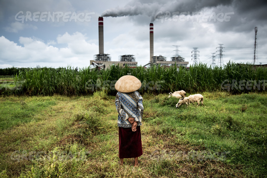 A shepherdess watches over her flock of sheep that grazes near a coal power plant in Jepara, Central Java, Indonesia. Coal burning causes a trail of destruction that is no less harmful than coal mining. Coal powered plants emit pollutants such as carbon dioxide, sulphur dioxide, nitrogen oxide and methane, which are major air pollutants and one of the main contributors to climate change.