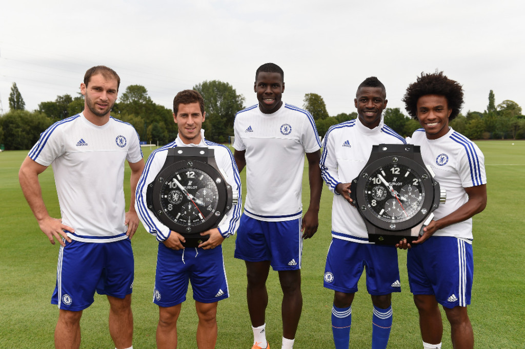 Chelsea's Branislav Ivanovic, Eden Hazard, Kurt Zouma, Ramires, Willian with Hublot Clocks at the Cobham Training Ground on 12th August 2015 in Cobham, England.