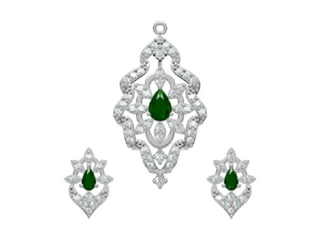 Diamond & Emerald Earrings and Pendant Set