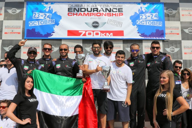 Dubai Falcon Racing Team drivers and crew celebrate on the podium after winning the Kartdrome 700km endurance race (2)