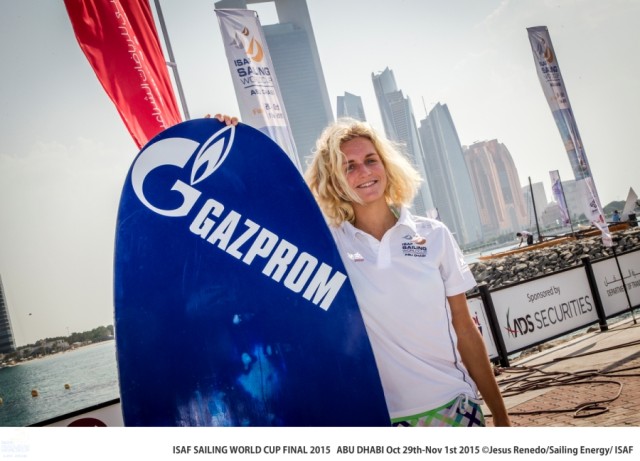 Russian Kita surfer Elena Kalinina. Boat park. 27.10.2015 2015 ISAF Sailing World Cup Final, Abu Dhabi, United Arab Emirate. Eight Olympic sailing events are being contested along with open kiteboarding from 29th October to November 1st, 2015. Prize money will be awarded to the top three overall finishers in each of the events for a total prize purse of US$220,000. The Abu Dhabi Sailing and Yacht Club is the host of the ISAF Sailing World Cup Final, located on the main island of the city with immediate access to the beautiful waters of the Arabian Gulf.  Race areas are placed around Lulu Island off the UAE capital’s stunning Corniche. Credit Jesus Renedo/Sailing Energy/ Isaf