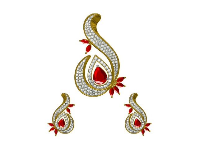 Gold & Diamond Earring and Pendant set with Ruby