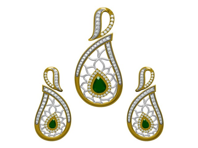 Gold & Diamond Earring and Pendant set with white gold & Emerald