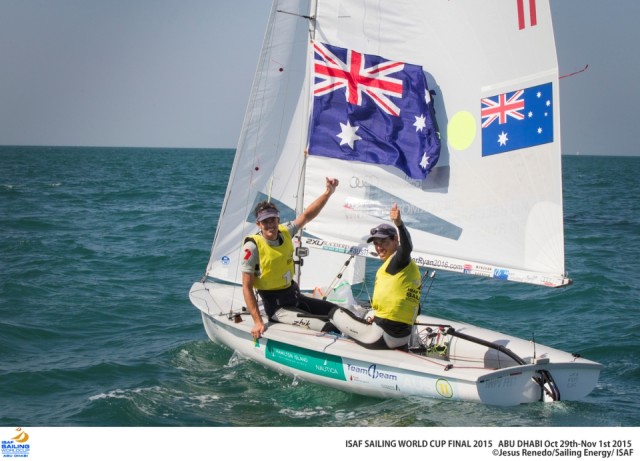 2015 ISAF Sailing World Cup Final, Abu Dhabi, United Arab Emirate. Eight Olympic sailing events are being contested along with open kiteboarding from 29th Octoberto November 1st, 2015. The host, Abu Dhabi Sailing and Yacht Club, is located on the main island of the city with immediate access to the racing areas around Lulu island and the Corniche. Credit  Jesus Renedo / Sailing Energy /ISAF