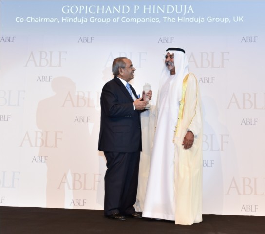 Mr Gopichand P Hinduja receiving the ABLF Lifetime Achievement Award 2015 from H.H. Sheikh Nahayan Mabarak Al Nahayan_