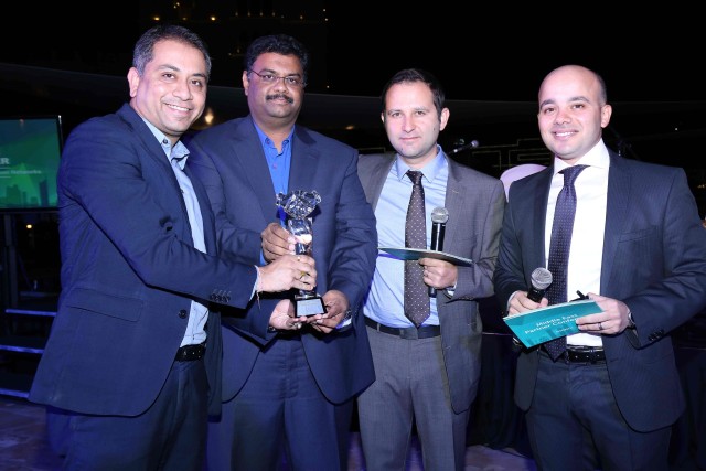 Amit Roy and Mohammed Abid Ali of Paladion receiving the award from Ovanes Mikhaylov and Ashraf Abdelazim of Kaspersk_