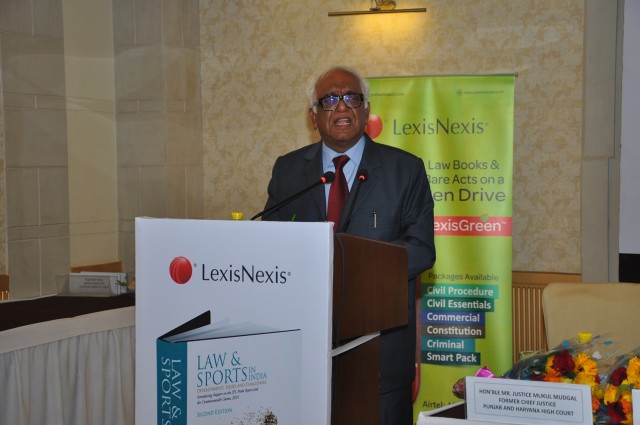 Honourable Justice Mukul Mudgal speaking about his book Law & Sports in India at the book launch of Law & Sports Indi_