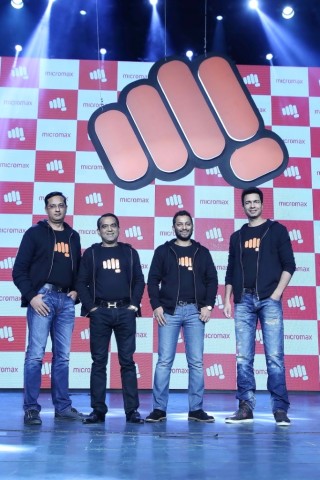 From L-R Sumeet Kumar  Rajesh Agarwal  Vikas Jain & Rahul Sharma  Co-Founders at Micromax unveil the new logo
