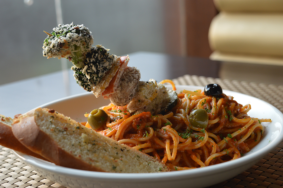CRUSTED VEGGIE PILE UP WITH SPAGHETTI