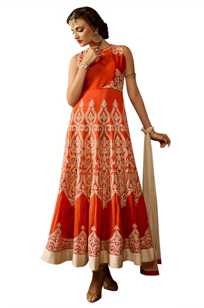 Ethnic Dukaan Orange Taffeta Silk Suit With Zari Embroider price 3848