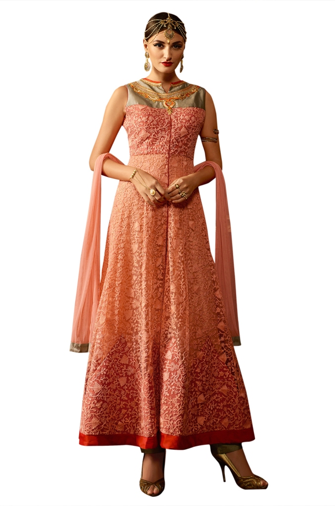 Ethnic Dukaan Peach Net Suit With Resham Embroidery price 3683
