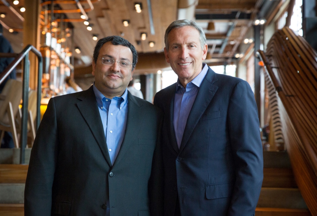 Starbucks CEO Howard Schultz meets with Cyrus Pallonji Mistry, chairman of Tata Group. Photographed Thursday, June 23, 2016 at the Starbucks Reserve Roastery and Tasting Room. (Joshua Trujillo, Starbucks)