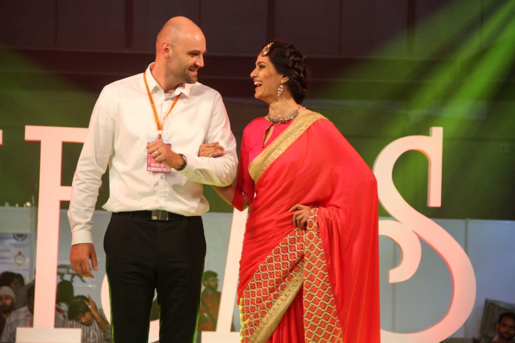 Marek Kinazs  Product Manager of Preciosa with the model who walked the ramp at IIFJAS Exhibition  Mumbai