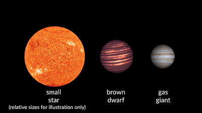 An illustration showing the relative sizes of brown dwarfs as compared to starts and gas giant planets, courtesy of Carnegie Science.