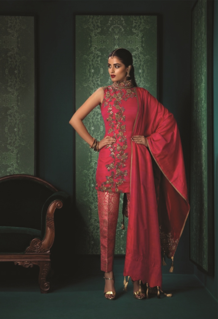 garnet-pink-silk-dupion-fitted-dupion-with-pink-and-gold-brocade-cigarette-trousers-by-designer-anuradha-and-sharaddh_